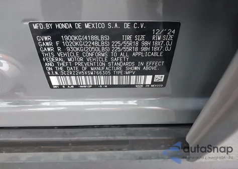 2025 Honda Hr-V Awd Sport from USA, damaged, VIN 3CZRZ2H5XSM766305